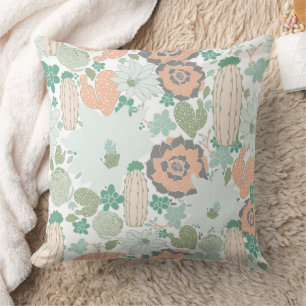 Coussin Cactus Motif Imprimer Coral Mint Vert Blanc