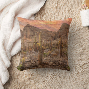 Coussin Cactus Organ Pipe sur Grain de Bois au Coucher du 