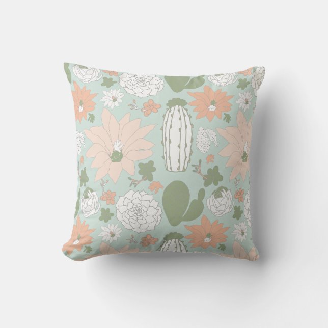 Coussin Cactus Peach Green Whimsical Floral Motif (Recto)