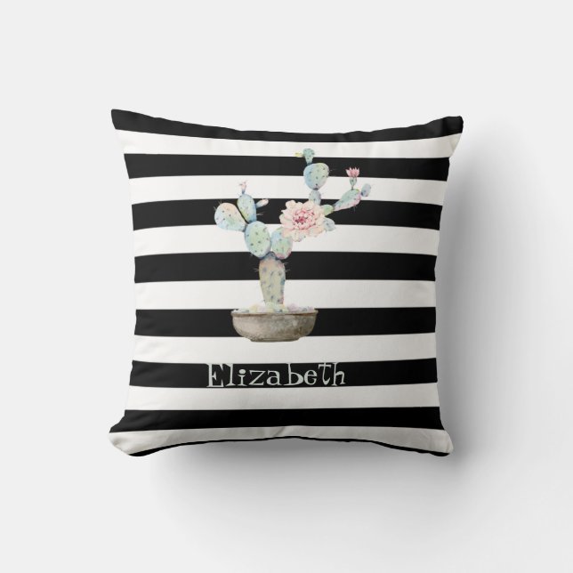Coussin Cactus, Succulente Rayures Noires et Blanches (Recto)