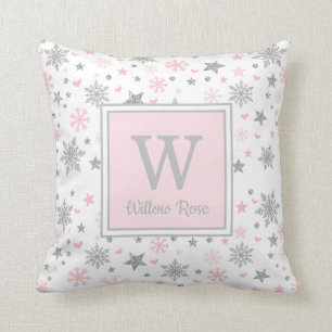 Coussin Cadeau argenté rose de flocons de neige d'hiver d