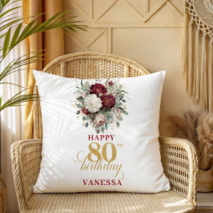 Coussin Cadeau de 80e anniversaire floral boho bordeaux