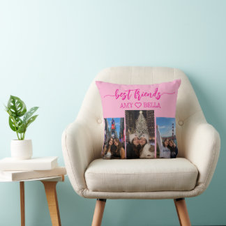 Coussin Cadeau de collage de 3 photos Meilleurs amis rose