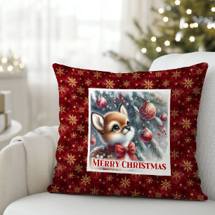 Coussin Cadeau de forêt enneigée de faon d'hiver serein po