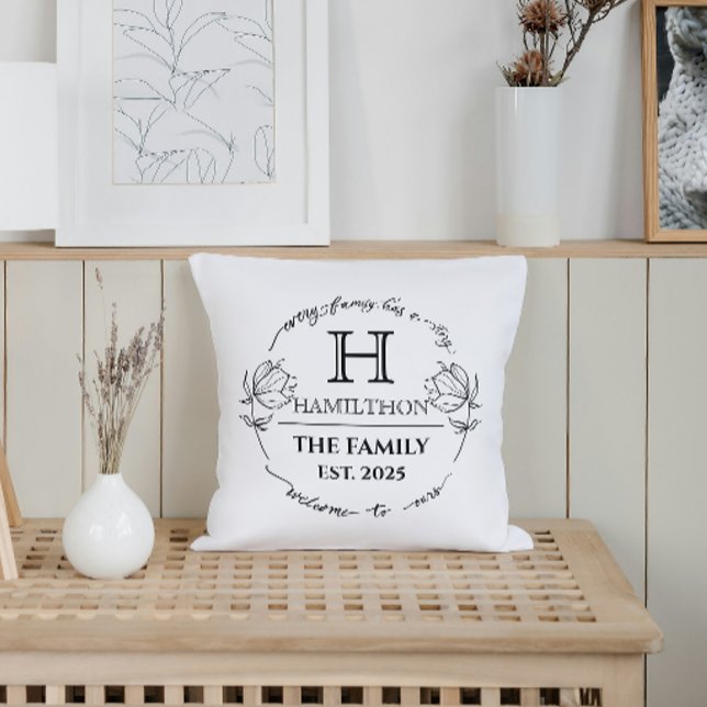 Coussin Cadeau de pendaison de crémaillère Monogramme fami (every family has a story welcome to our family custom house gifts ideas for new home housewarming )