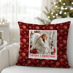 Coussin Cadeau de vacances ange rouge et or serein vintage