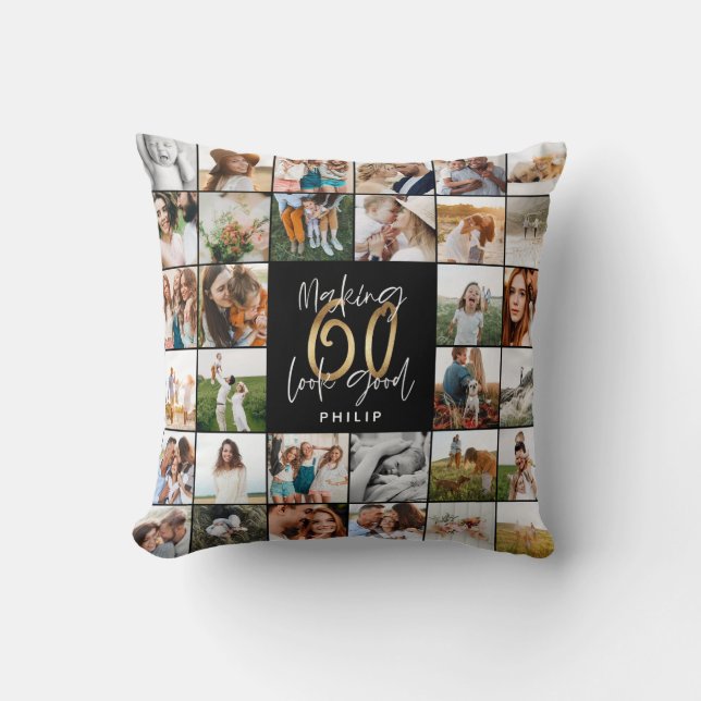 Coussin Cadeau moderne 60e anniversaire multi photo script (Recto)