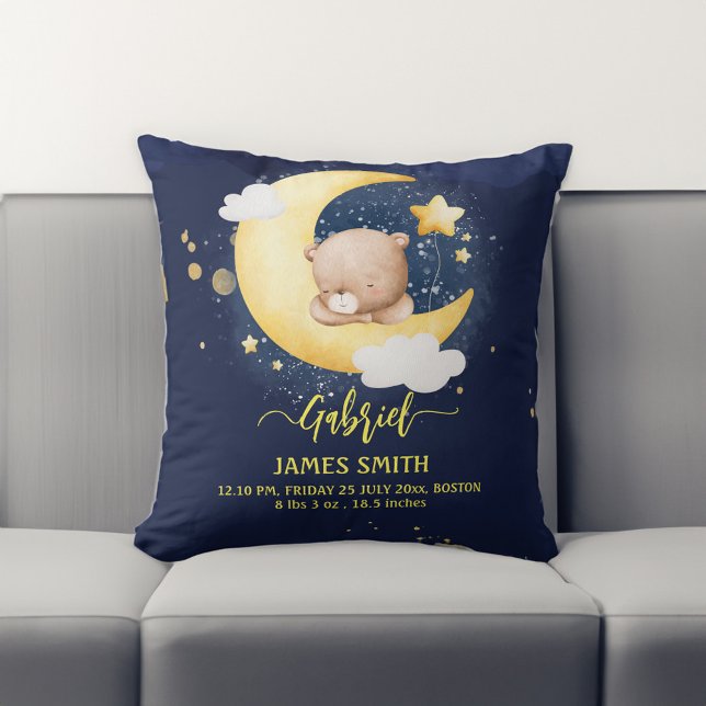 Coussin Cadeaux de bébé Coucher l'ours en peluche statisti (Newborn Baby gifts cute Sleeping teddy bear birth stats Throw Pillow)