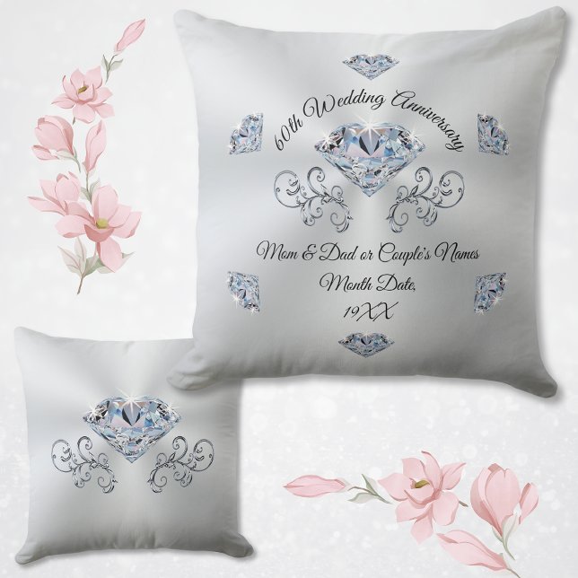 Coussin Cadeaux uniques du 60e anniversaire du Mariage (Personalised 60th Wedding Anniversary Gifts. 60th anniversary gifts for parents.  Diamond Symbol.)