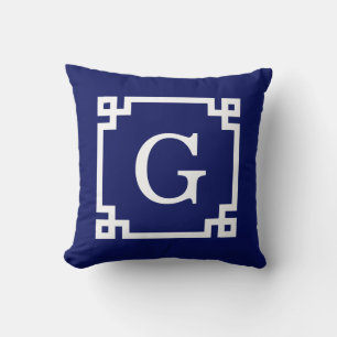 Coussin Cadre de clé grecque blanche marine #2 Monogramme 
