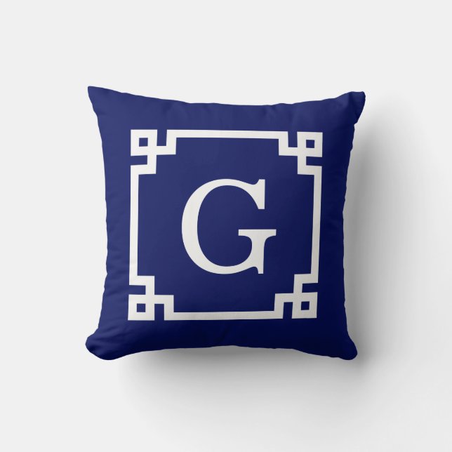 Coussin Cadre de clé grecque blanche marine #2 Monogramme  (Recto)