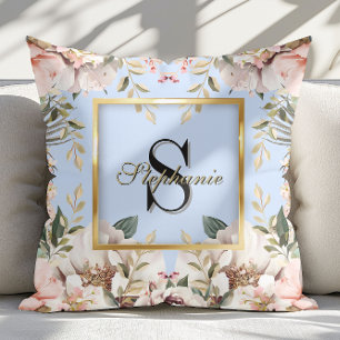 Coussin Cadre doré floral élégant Monogramme bleu clair