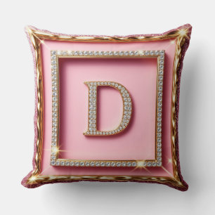 Coussin Cadre Doré Monogramme Diamant D Paillettes Roses