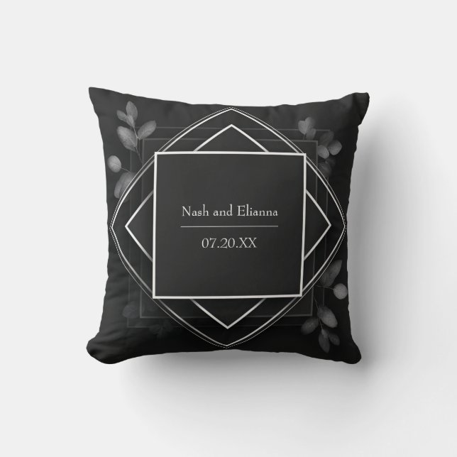 Coussin Cadre géométrique noir feuille d'eucalyptus argent (Recto)