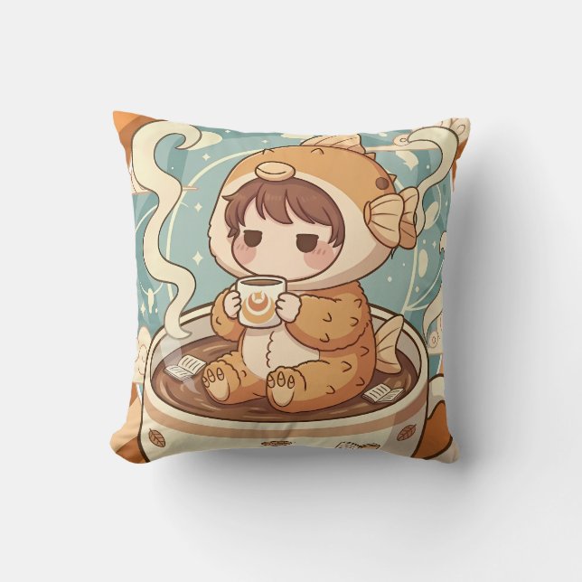 Coussin Café et lecture d'art mignon poisson-globe (Recto)