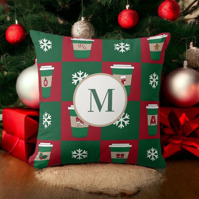 Coussin Cafés de Noël Snowflakes Monogramme de vacances (Créateur téléchargé)