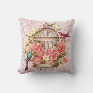 Coussin Cage à oiseaux floral aquarelle vintage romantique
