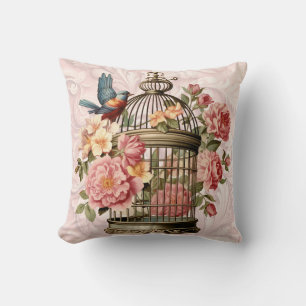 Coussin Cage à oiseaux florale à l'aquarelle vintage roman