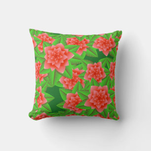 Coussin Camélias orange corail et feuilles vertes