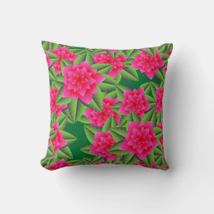 Coussin Camélias rose fuchsia et feuilles vertes