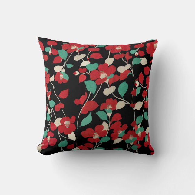 Coussin CAMELLIAS ROUGES, FEUILLES BLANCS VERTS NOIR Flora (Recto)