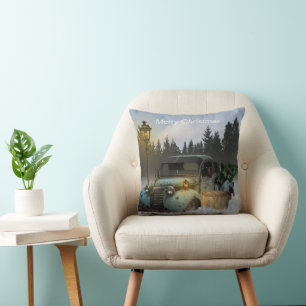 Coussin Camion bleu classique avec sapin de Noël.