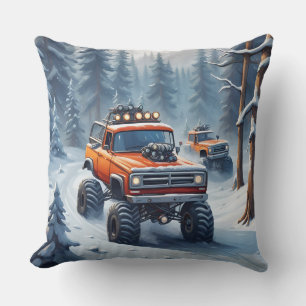 Coussin Camions monstres roulant dans une forêt enneigée
