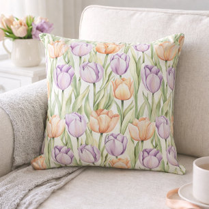 Coussin Campagnard Fleurs de Printemps Pastel Pêche Lavand