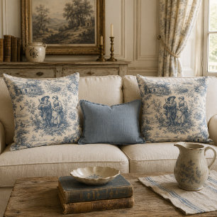 Coussin Campagne française romantique Toile en bleu poussi