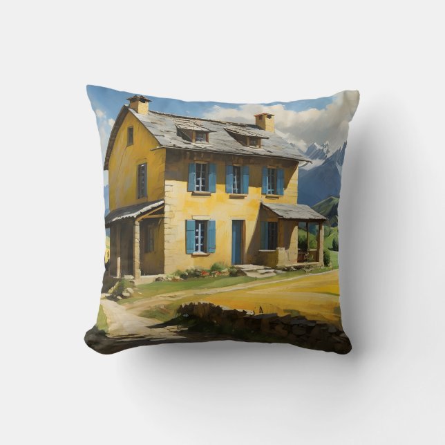 Coussin Campagne idyllique avec vieille maison dans les mo (Recto)