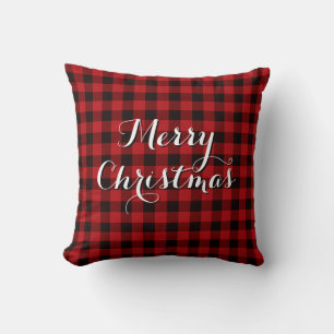 Coussin Campagne rouge et noir plaid - Joyeux Noël