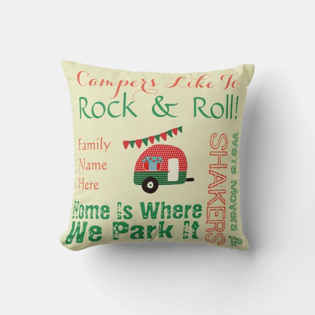 Coussin Camper Caravan dit Retro Red Green Wordcloud (Recto)