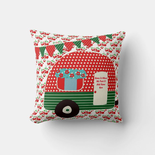 Coussin Camper Caravan dit Retro Rouge Vert Personnalisé (Recto)