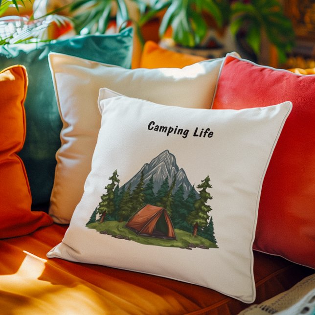 Coussin Camping Life, avec une tente dans le sac à dos en  (Créateur téléchargé)