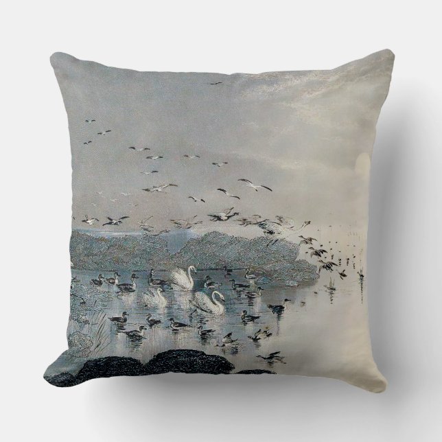 Coussin Canards, colverts et cygnes sur le lac au coucher  (Recto)