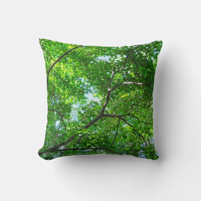Coussin Canopée verte, Branches feuillues avec ciel bleu (Recto)