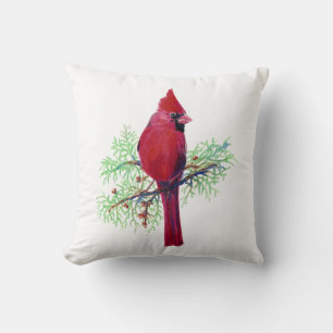 Coussin Cardinal aquarelle, Oiseau rouge