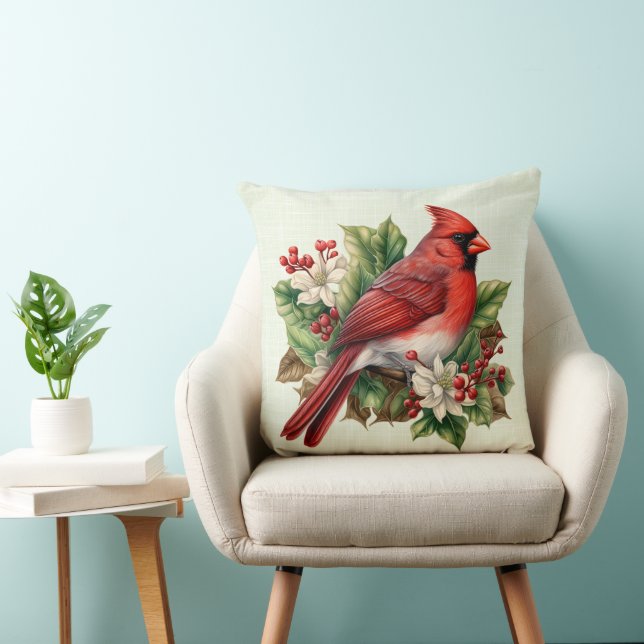 Coussin Cardinal de Noël Rouge Poinsettias Holly Berries (Chaise)