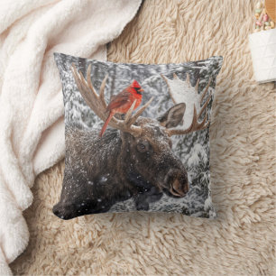 Coussin Cardinal rouge de Noël sur des bois de orignal enn