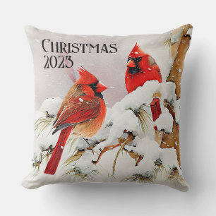 Coussin Cardinaux sur Snowy Tree un Noël personnalisable