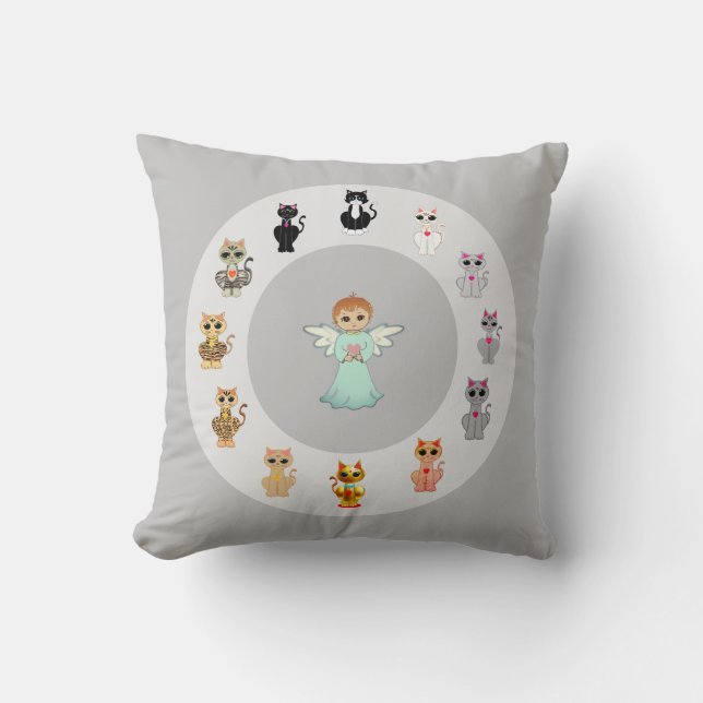 Coussin Caricature d'ange mignon et de chat sur gris argen (Recto)