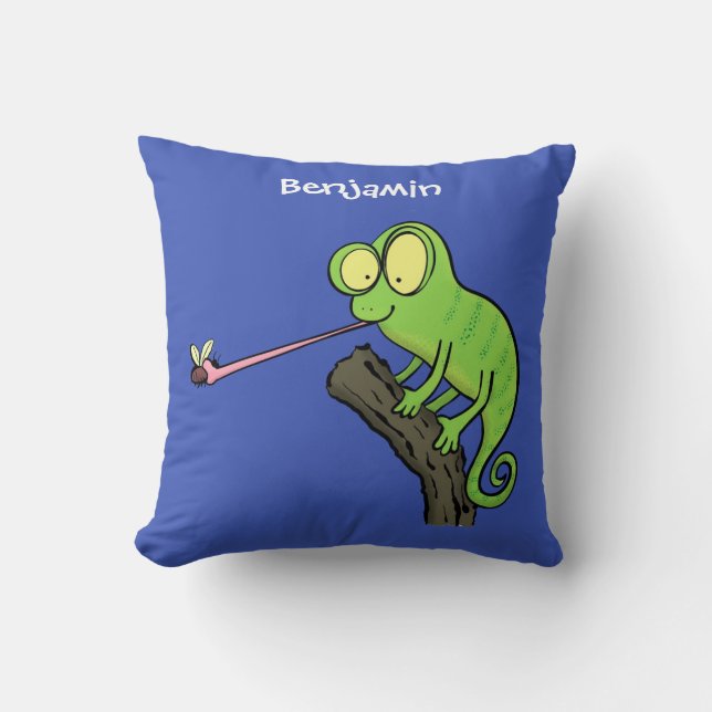 Coussin Caricature de lézard de caméléon vert joyeux (Recto)