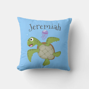 Coussin Caricature joyeuse de tortue de mer verte mignonne