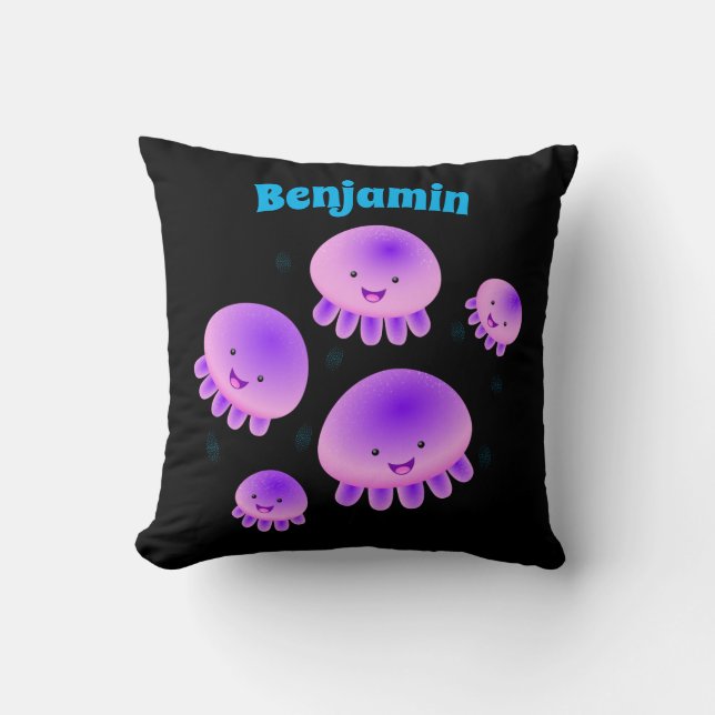 Coussin Caricature kawaii de méduse violette rose mou (Recto)