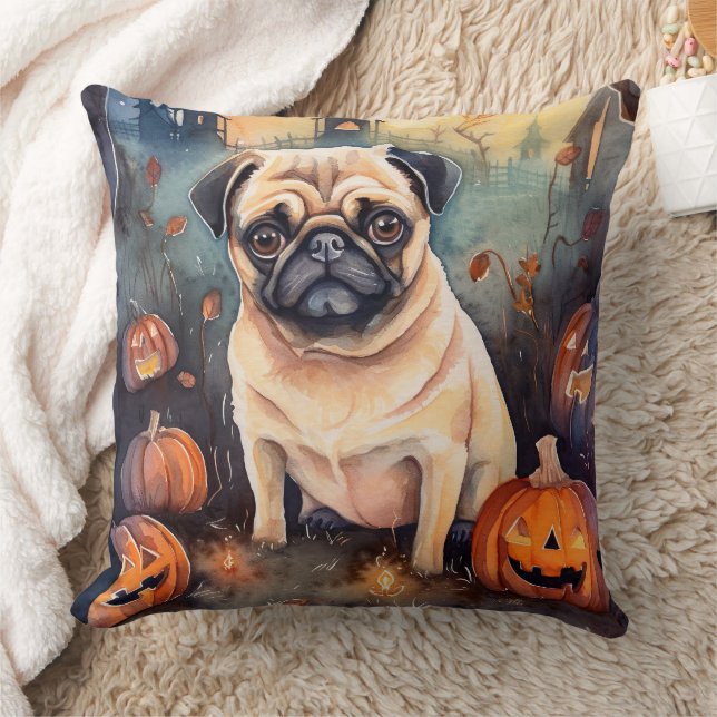 Coussin Carlin d'Halloween avec la peur Citrouille (Couverture)