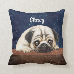 Coussin Carlin mignon texte personnalisé bleu brun moderne