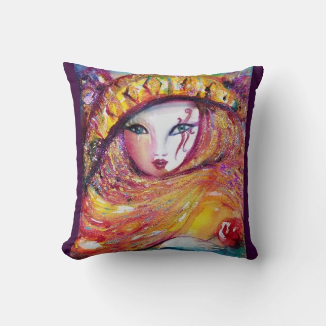 COUSSIN CARNAVAL EN JAUNE D'OR AVEC ROSE ROUGE (Recto)