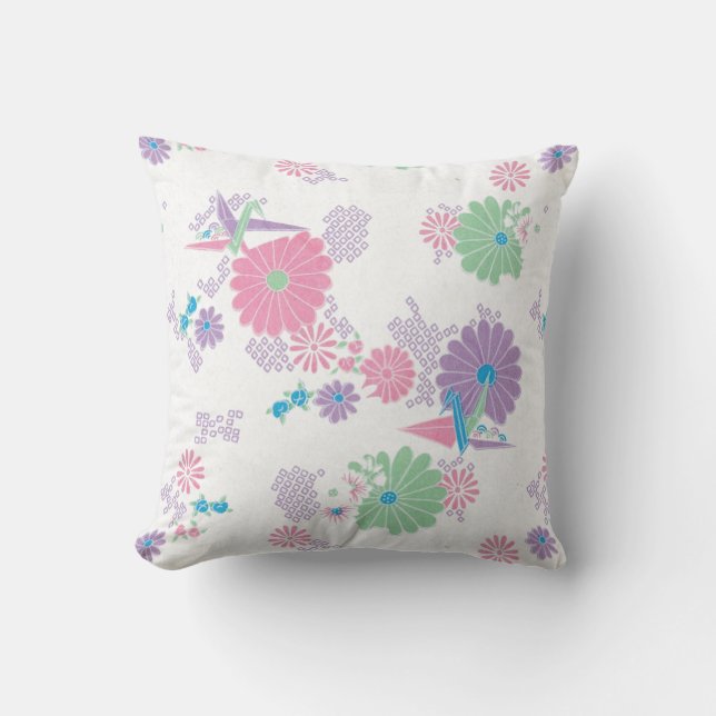 Coussin Carré de grues et de fleurs en papier Orig (Recto)