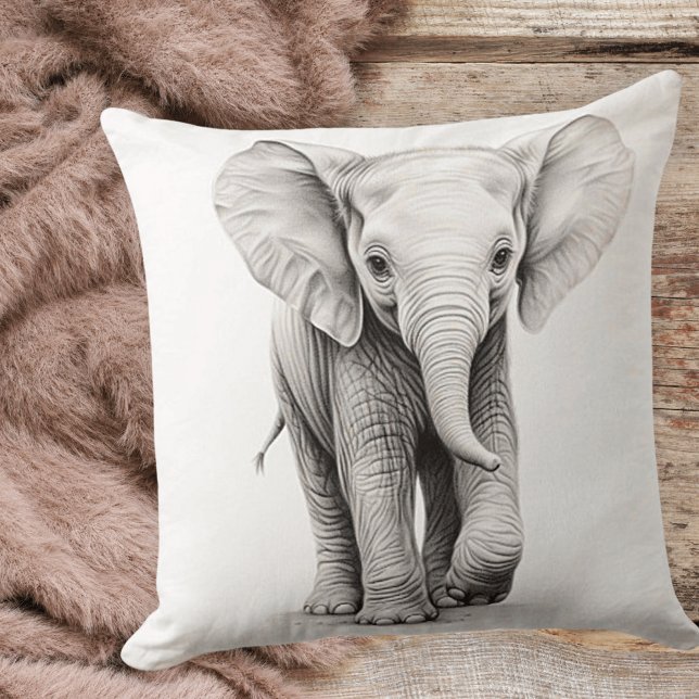 Coussin carré éléphant bébé noir et blanc (Créateur téléchargé)