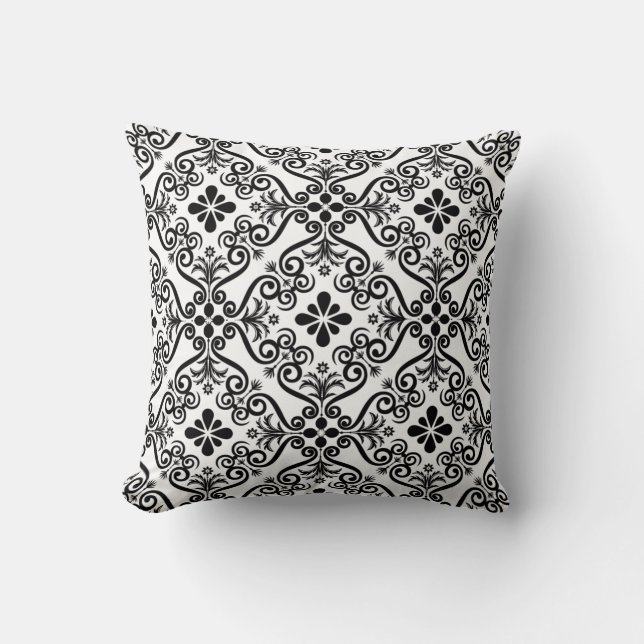 Coussin carré Floral noir blanc Damas (Recto)